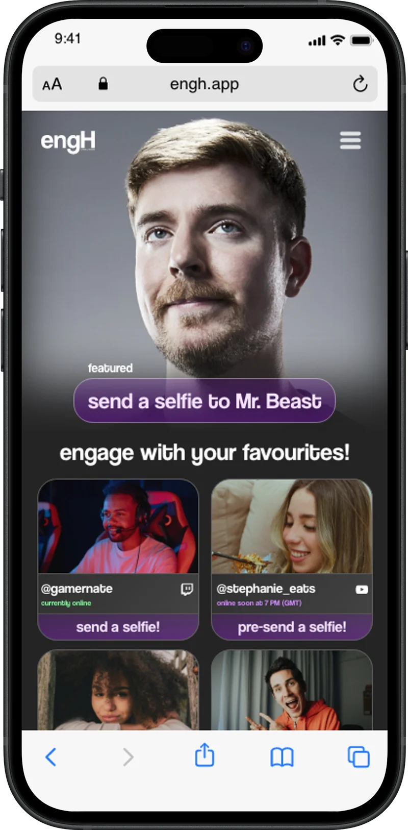 engH running in the browser — fans pick a creator and send a selfie